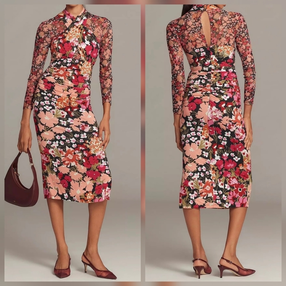 By Anthropologie Long-Sleeve Halter Mesh Midi Dress Floral Black Pattern Xs